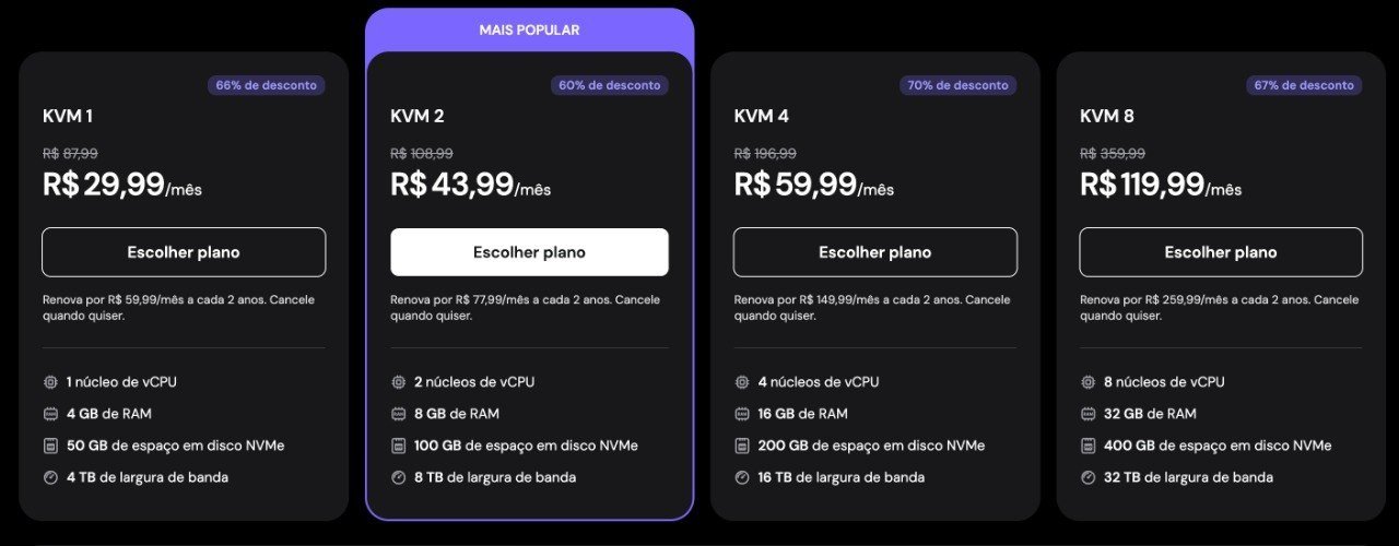 Tela da Hostinger com o plano KVM 2 destacado.