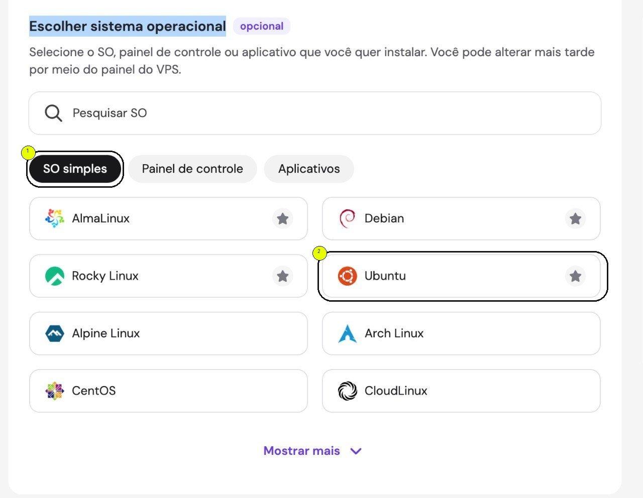 Tela da Hostinger com SO simples e Ubuntu circulados como escolhas recomendadas.