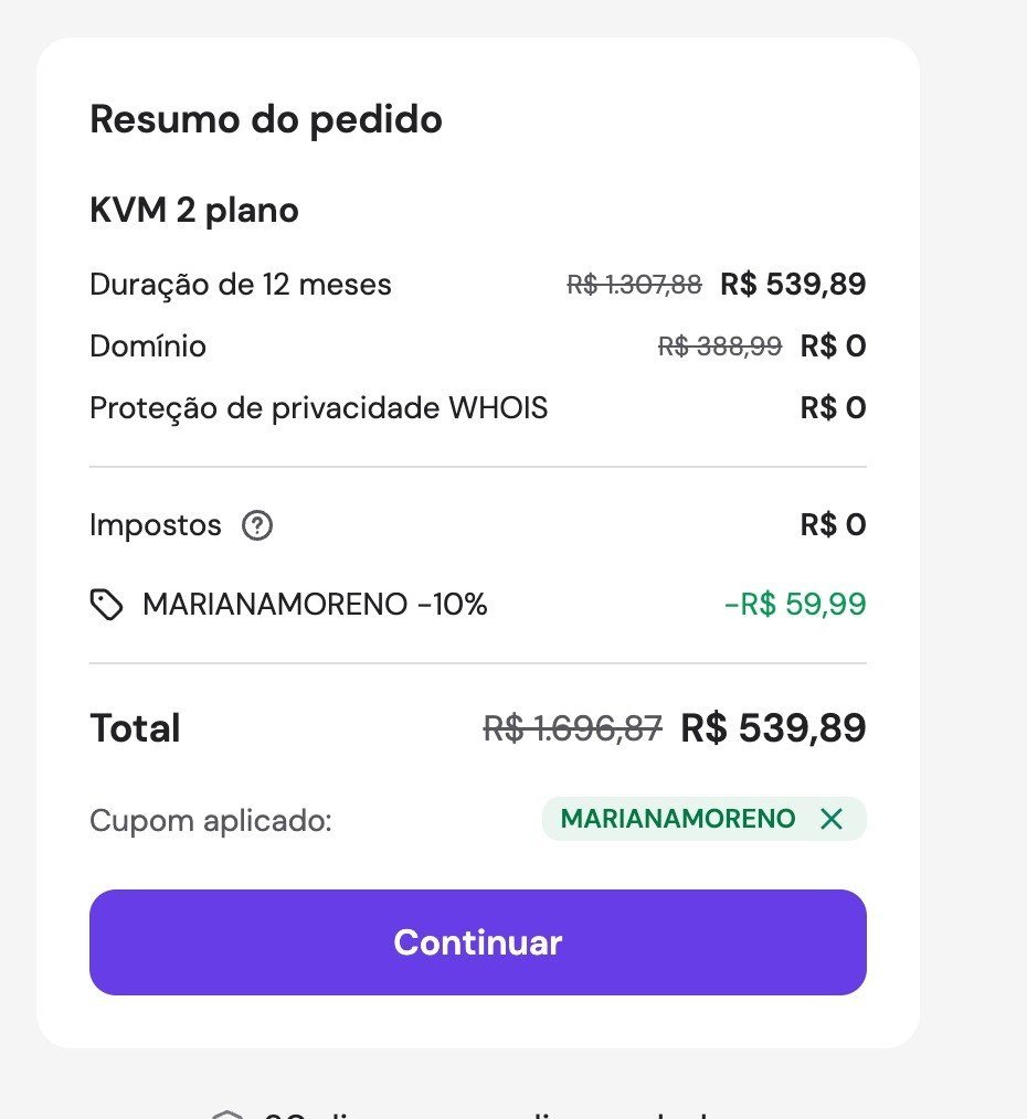 Resumo da compra da Hostinger mostrando o cupom MARIANAMORENO aplicado.