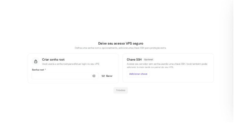 Tela da Hostinger para criar a senha root do servidor.