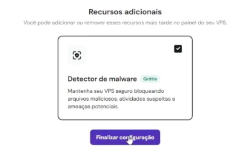 Tela da Hostinger com Detector de malware selecionado e botão Finalizar configuração.