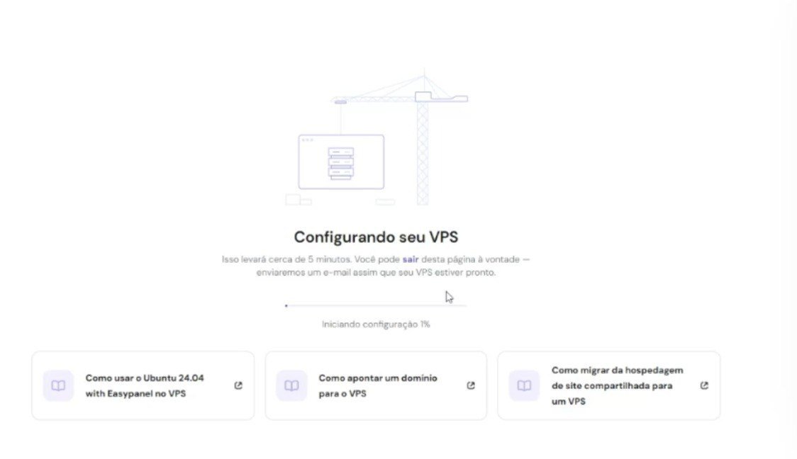 Tela da Hostinger informando que a configuração da VPS está em andamento.